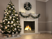 3d Rendering. Christmas Scene With Decorated Tree And Fireplace.