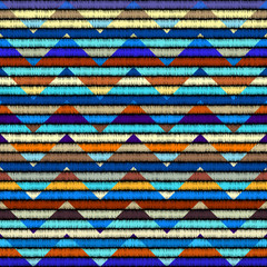 Poster - Imitation of geometric embroidery pattern. Colored lines on a black background. Ethnic and tribal motifs. Seamless vector background in the bohemian style.
