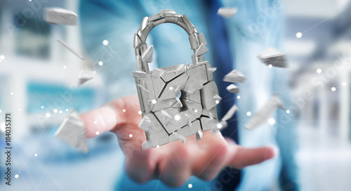 Fotografía Businessman hacking in broken padlock security 3D rendering