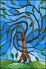 Illustration In Stained Glass Style With Tree On Sky Background 