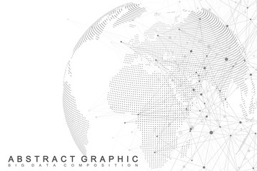 Poster - Network and data exchange over planet earth in space. Virtual Graphic Background Communication with World Globe. Perspective backdrop of depth. Digital data visualization. Vector illustration