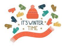 Warm Accessories With Hand Drawn Lettering It's Winter Time. Winter Card. Vector Illustration.