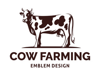 Wall Mural - figure of a cow with horns standing on the ground - farming emblem, logo design, illustration