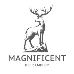 Wall Mural - magnificent deer emblem, illustration, logotype - the deer stands on the edge of the cliff, on a wit