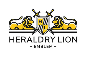 Wall Mural - lion heraldry emblem modern line style with a shield and sword - vector illustration, logo design on