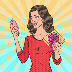 Wall Mural - Pop Art Beautiful Woman Holding Gift Box with Cosmetics. Beauty Presents. Vector illustration