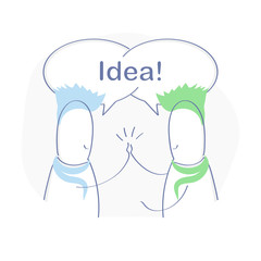 Idea, Solution, Great Decision, New Idea Generation. Two cute cartoon characters clap each other's hands, above the heads is a bulb with Idea. Success, Decision, Teamwork concept.