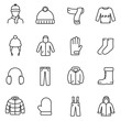 Winter clothes icons set. Jackets, a sweater with deer, gloves and more, linear desig. Line with editable stroke