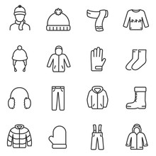 Winter Clothes Icons Set. Jackets, A Sweater With Deer, Gloves And More, Linear Desig. Line With Editable Stroke