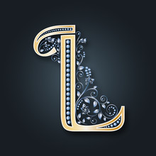 Vector Letter L. Golden Alphabet On A Dark Background. A Graceful Heraldic Symbol. The Initials Of The Monogram. Interlacing Of Silver Flowers And Leaves. Luxurious Emblem For Weddings, Trademark.