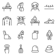 Wall Mural - Massage linear icons set. relaxing spa and medical massage of various parts of the body, acupuncture.Line with editable stroke