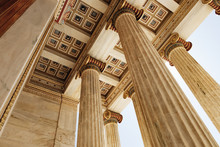 Detail Of Ceiling And Marble Columns Of Academy Of Athens In Athens, Greece.Bottom View