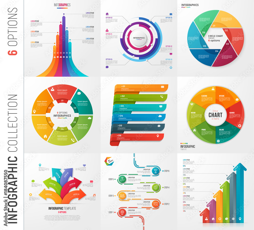 Infographic collection of 6 options vector templates for presentations ...