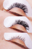 Fototapeta Tulipany - Eyelash Extension Procedure. Comparison of female eyes before and after.