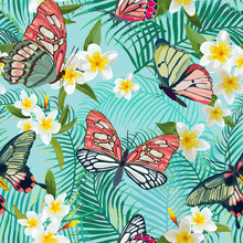 Tropical Seamless Pattern With Flowers And Exotic Butterflies. Palm Leaves Floral Background. Fashion Fabric Design. Vector Illustration