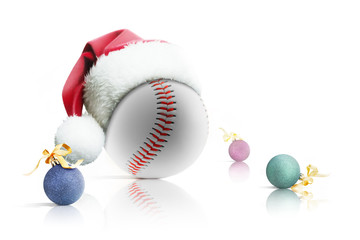 Christmas baseball. Baseball ball in Santa hat Christmas toys on white background. Isolated