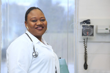 African American Doctor, portrait of a female doctor, woman doctor in medical clinic