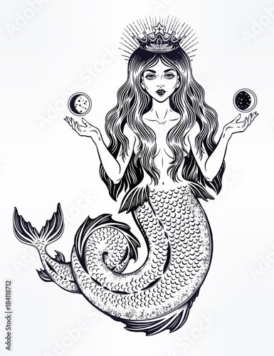 Fotografie, Obraz Beautiful magic mermaid queen with crown and moon.