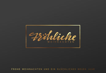 german text frohliche weihnachten. merry christmas gold lettering in a frame background.