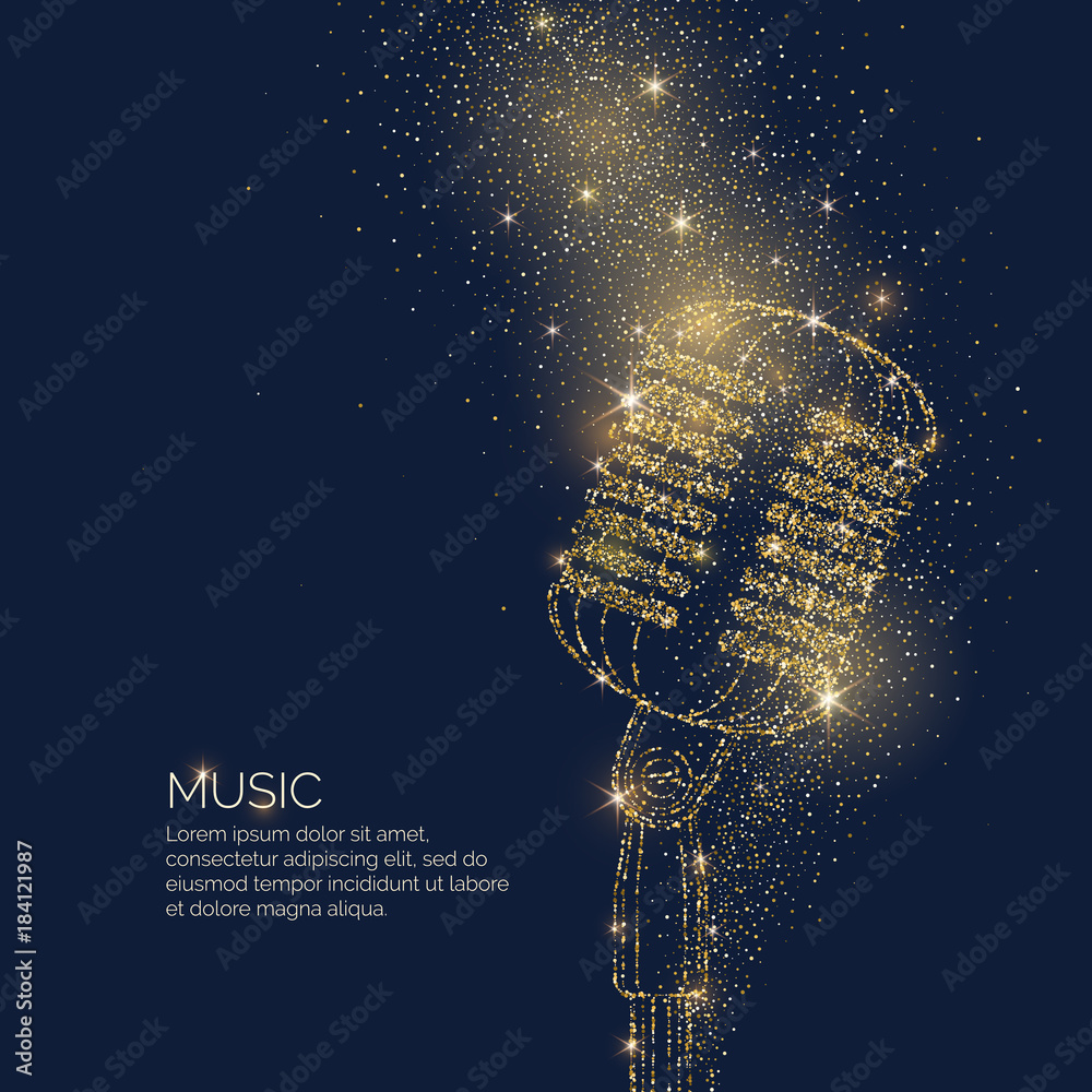 Bright music poster with microphone of glitter place for text. Vector illustration - obrazy, fototapety, plakaty 
