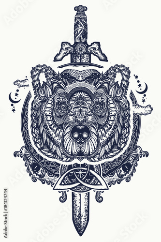 Bear and swords tattoo and t-shirt design. Northern grizzly bear, symbol of  force, wild nature, outdoors. Ornamental celtic bear head tattoo - Buy this  stock vector and explore similar vectors at Adobe