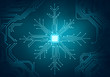 Abstract digital illustration of microchip board on snowflake shape on blue background. Technology concept image. Happy new year and merry christmas card.