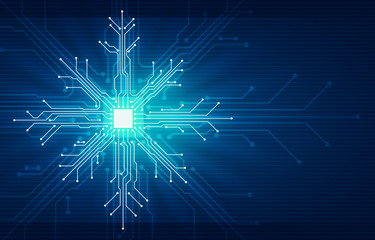 Aufkleber - Abstract digital illustration of microchip board on snowflake shape on blue background. Technology concept image. Happy new year and merry christmas card.