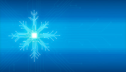 Aufkleber - Abstract digital illustration of microchip board on snowflake shape on blue background. Technology concept image. Happy new year and merry christmas card.