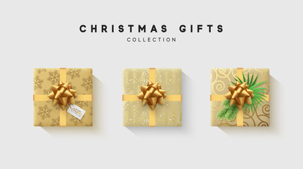 Poster - Christmas collection of gift box with bow and ribbon, is packed in funny foil pattern winter.