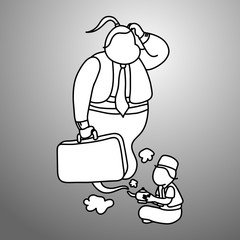 businessman with confused magic giant with business suitcase in the lamp vector illustration doodle sketch hand drawn with black lines isolated on gray background. Business concept.