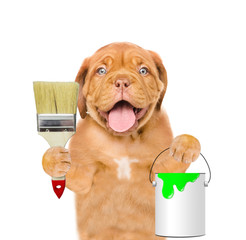 Poster - Funny dog with paint brush and paint bucket. isolated on white background