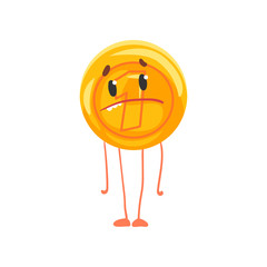 Poster - Golden coin character with sad face, legs and arms. Shiny penny icon. Unit of currency. Cartoon money in flat style. Isolated vector illustration