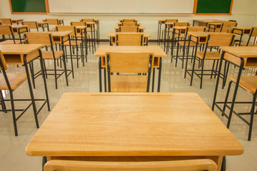 Wall Mural - lecture room or school empty classroom with desks and chair iron wood in high school thailand, inter