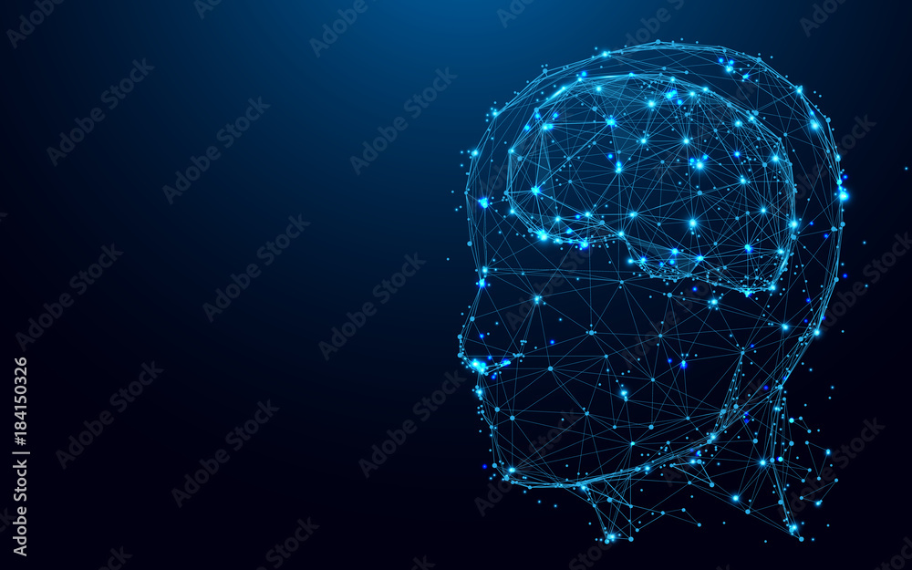 Abstract Head and brain from lines and triangles, point connecting network on blue background. Illustration vector - obrazy, fototapety, plakaty 