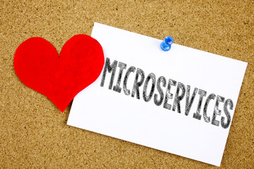 Leinwandbilder - Conceptual hand writing text caption inspiration showing Microservices concept for Micro Services and Love written on sticky note, reminder cork background with copy space