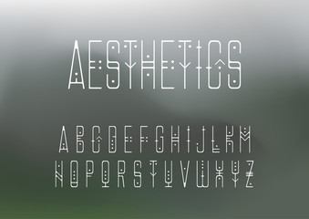 Aufkleber - Vector alphabet set. Capital display thin line font in geometric style with points on a blurry background. Hipster theme.