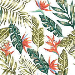 Wall Mural - Palm leaves tropical flowers seamless white background