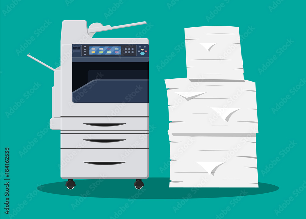 Paper Printer Files Pile of paper documents and printer Stock Vector | Adobe Stock