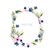 Watercolor Wildflowers And Branches Oval Frame In Pink And Blue Shades, Hand Drawn Isolated On A White Background, Mother's Day, Birthday And Other Greeting Cards 