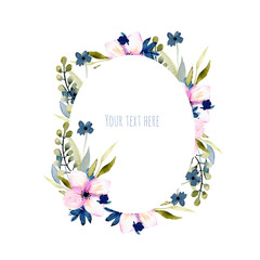 Wall Mural - Watercolor wildflowers and branches oval frame in pink and blue shades, hand drawn isolated on a white background, Mother's day, birthday and other greeting cards 
