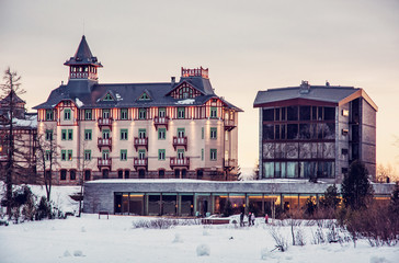 Wall Mural - Hotel in Strbske pleso, High Tatras, Slovakia, red filter