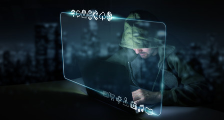 Poster - Hacker accessing to personal data information with a computer 3D rendering