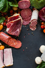 Assortment of processed meat products. Delicious food to make tasty sandwiches concept