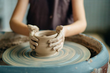Hands Of Young Potter, Close Up Hands Made Cup On Pottery Wheel