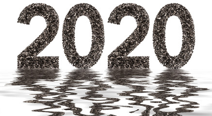 Numeral 2020 from black a natural charcoal, isolated on white background, reflection in water