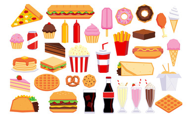 Set Of Cartoon Junk Food Isolated On White Background
