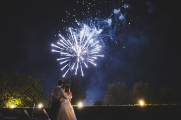 Wall Mural - Couple watching fireworks at wedding