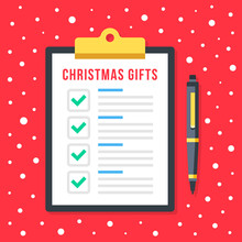 Christmas Gifts List. Clipboard With Holiday Gifts Checklist. Christmas Shopping Concept. Document With Green Check Marks And Checkboxes. Top View. Flat Design Vector Illustration