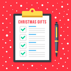 Poster - Christmas gifts list. Clipboard with holiday gifts checklist. Christmas shopping concept. Document with green check marks and checkboxes. Top view. Flat design vector illustration