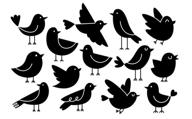 Set Of Cute Cartoon Birds Isolated On White Background
